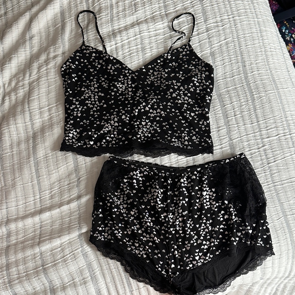 Victoria's Secret Black and White Heart Lace-Trim Pajama Set Size S
